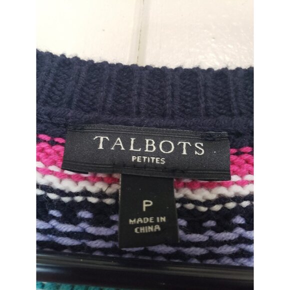 Talbots Womens Petites P Sweater Fair Isle Bold Colorful Navy Blue Pullover - Picture 5 of 6